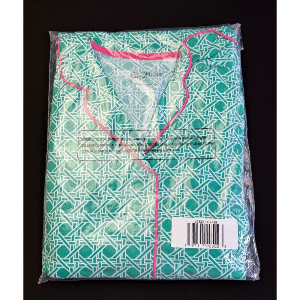 Comfort Code Cuddl Duds PJ Set XL Teal Pink Geometric Short Sleeve Pajamas NEW